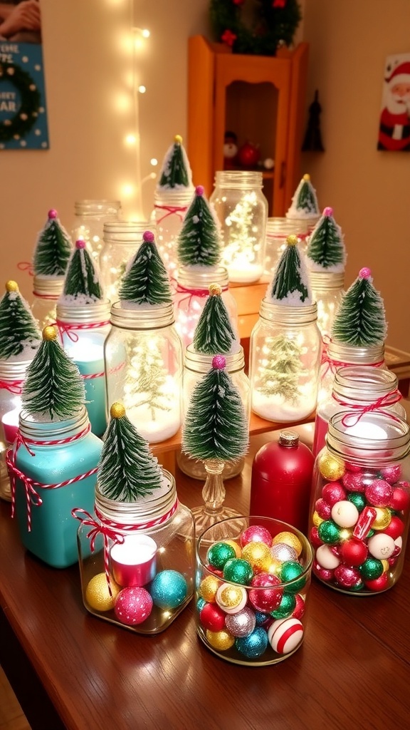 Mason jar Christmas decorations with snow, trees, and lights on a wooden table.